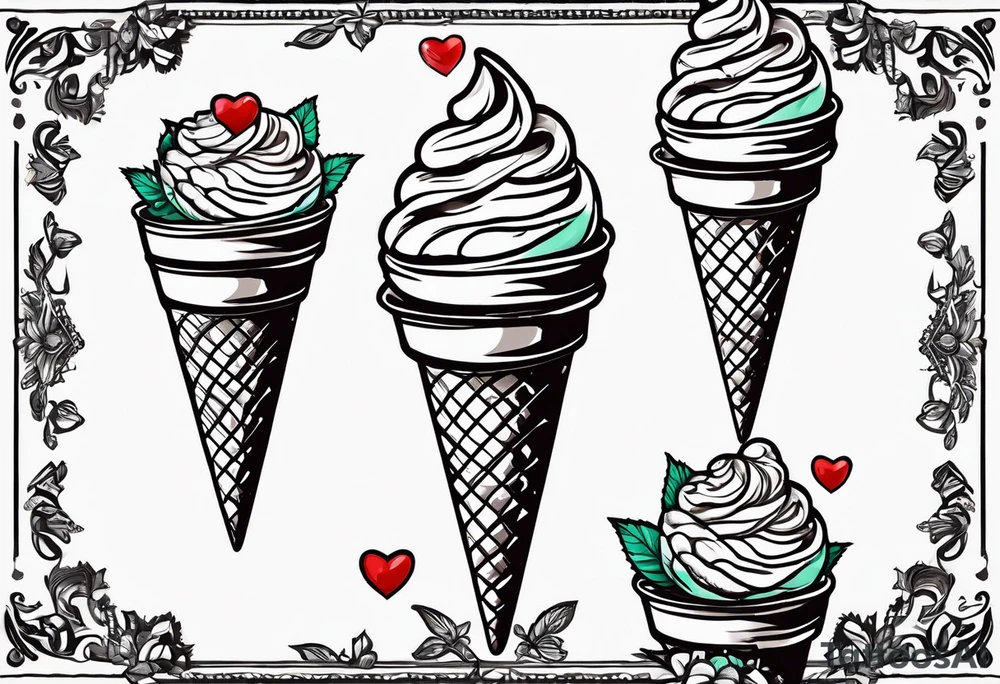 simple mint chocolate chip ice cream cone with small red heart on it somewhere. tattoo idea simple mint chocolate chip ice cream cone with small red heart on it somewhere. tattoo idea