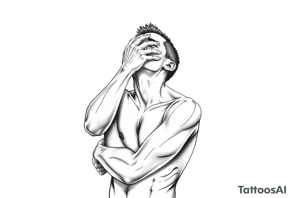 a naked man covering his eyes and mouth and looking up the sky tattoo idea