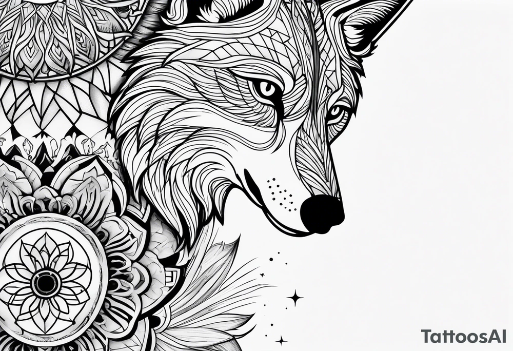 Forearm futuristic UAE and Philippines with Mandala theme design with moon and wolves tattoo idea