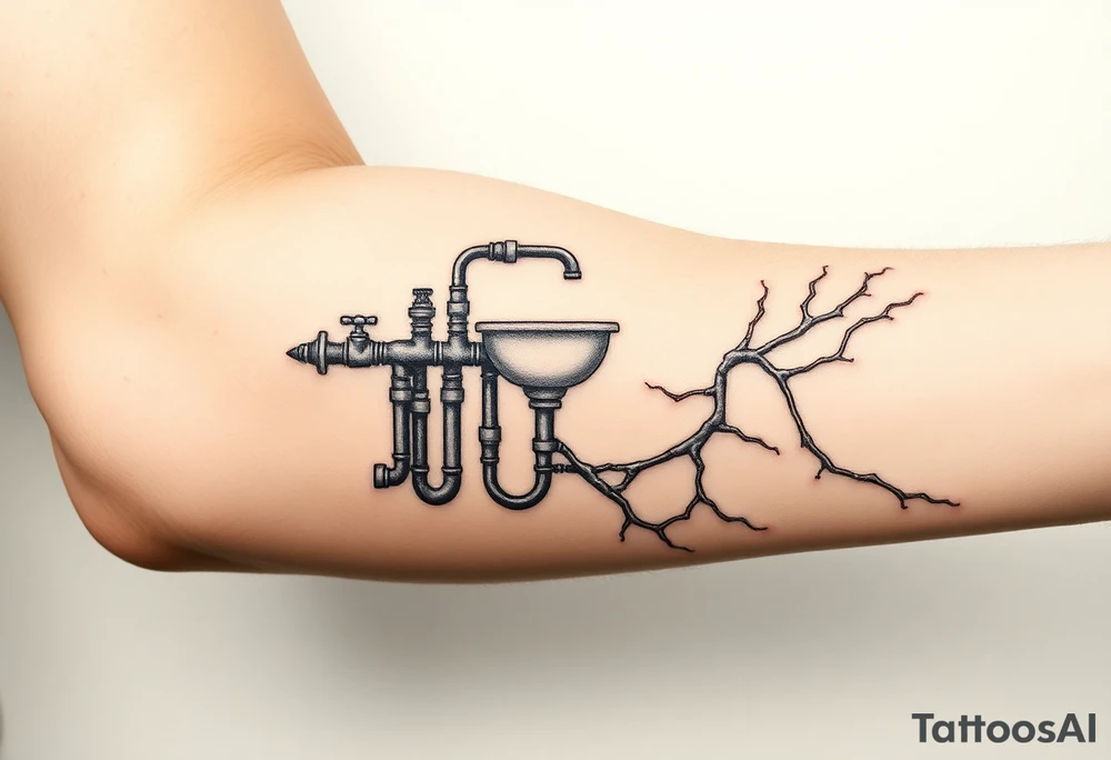 System of pipes coming from a sink that transitions into veins of forearm tattoo idea
