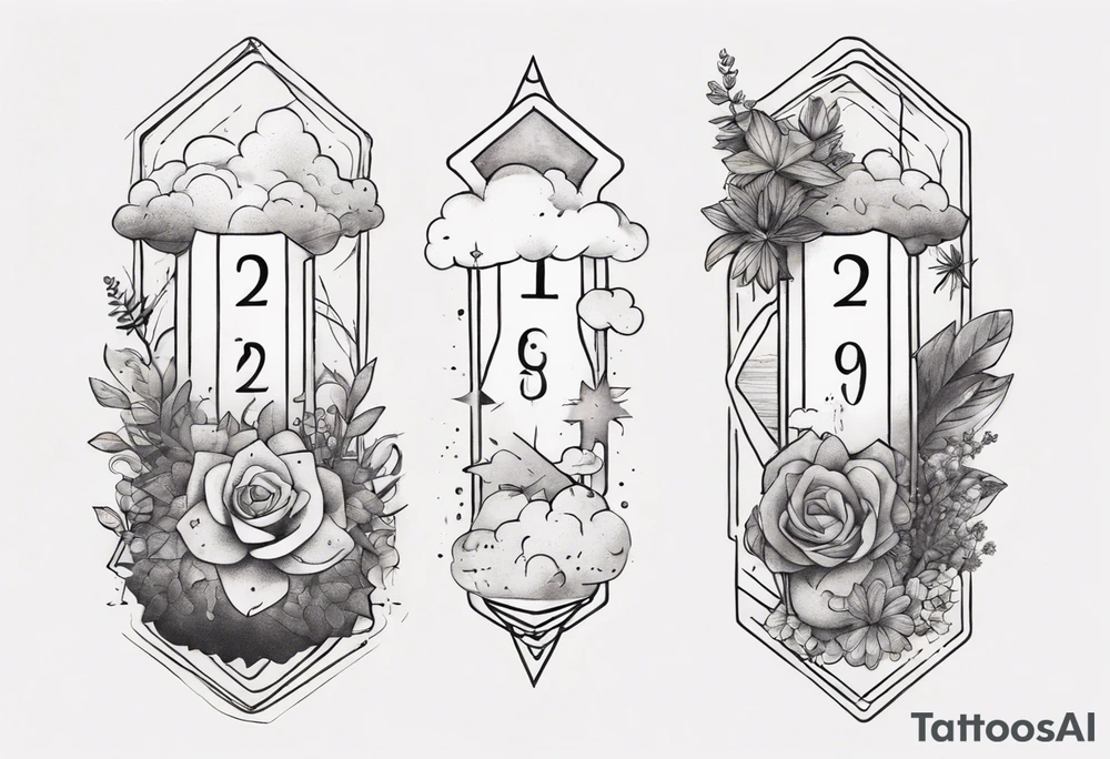 a forearm tattoo with a cloud with little plants and underneath it the date 12.08.05 tattoo idea
