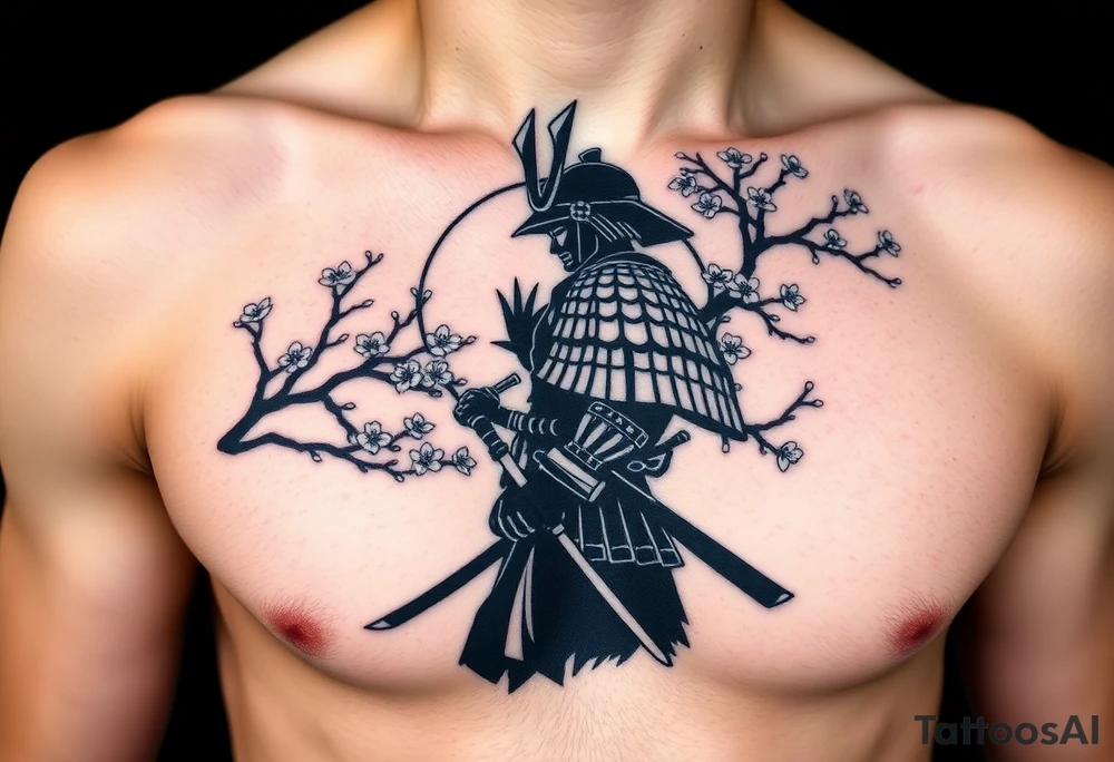 noble samurai warrior silhouette at sunset with cherry blossoms tattoo idea