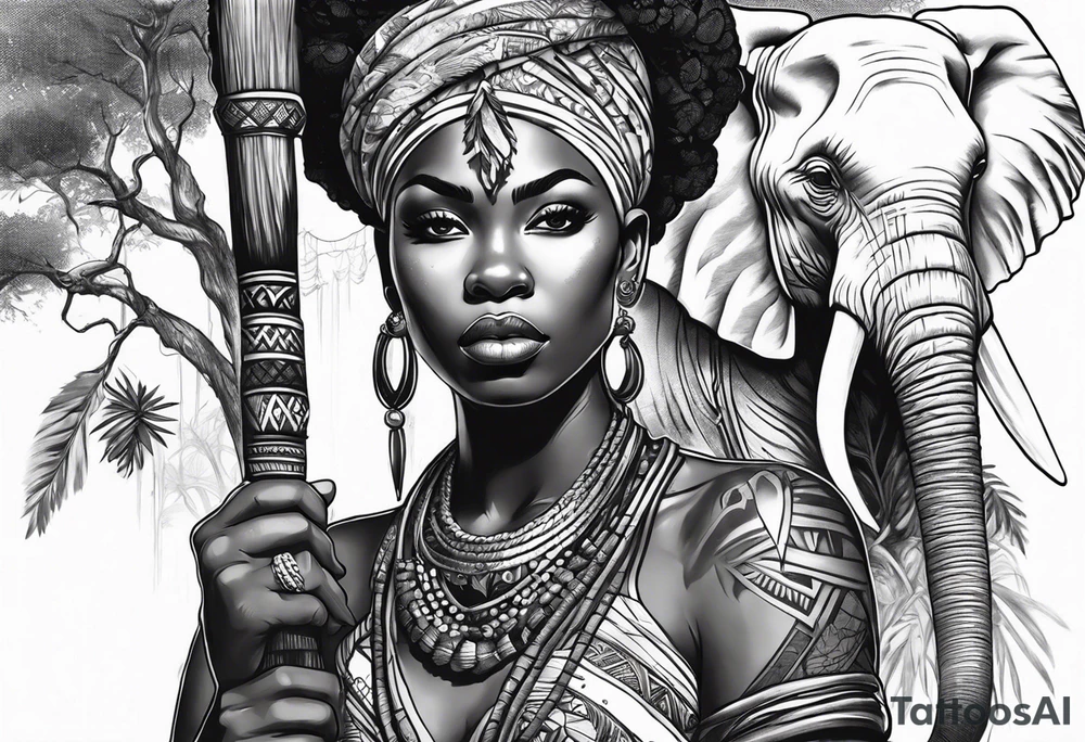 African woman warrior holding spear with ear rings and trees and brids and elephants in the background tattoo idea