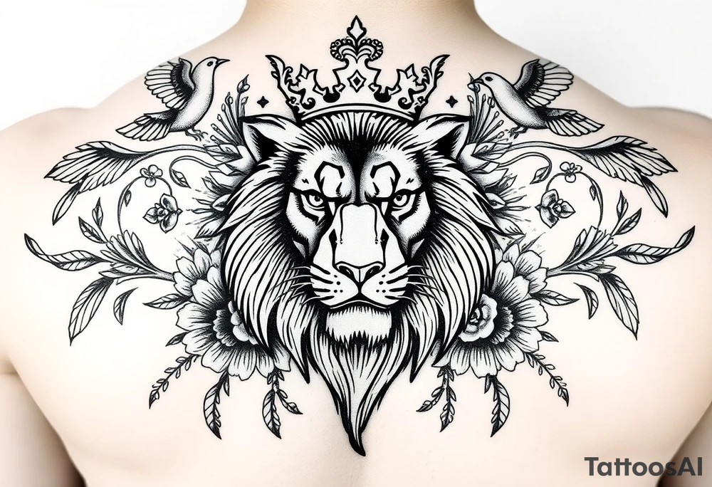 powerful majestic lion with a crown, surrounded by floral ornaments and birds tattoo idea