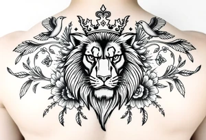 powerful majestic lion with a crown, surrounded by floral ornaments and birds tattoo idea