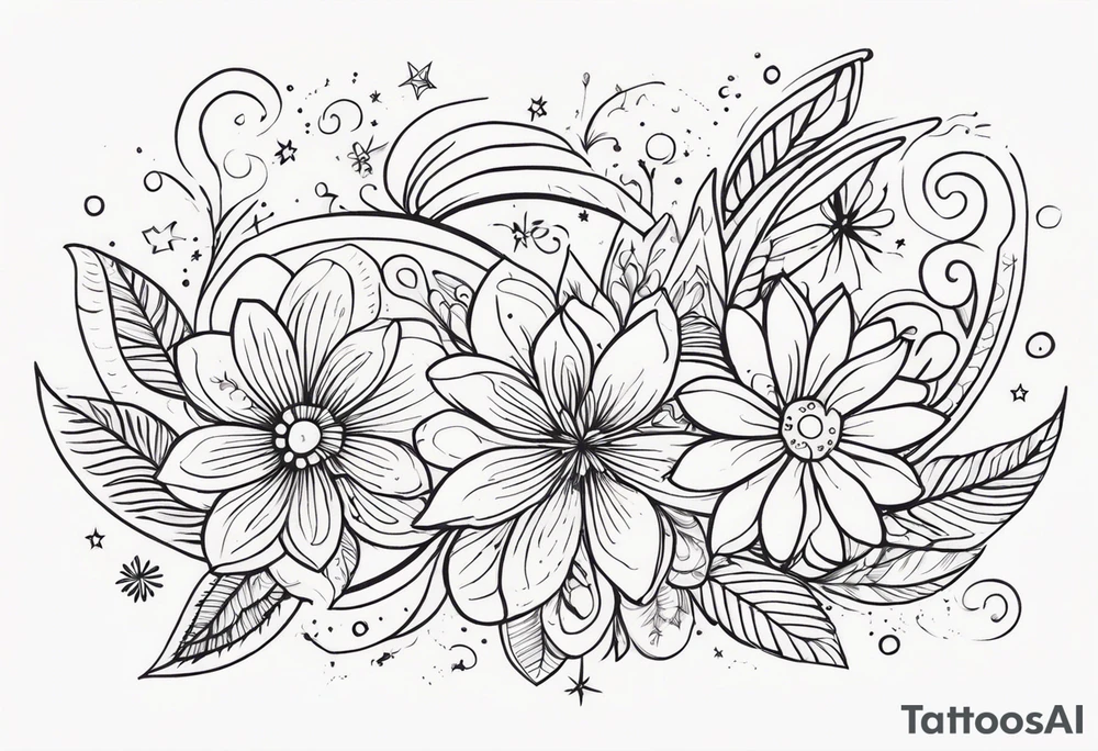 mexican fine line floral with stars, swirls, dots tattoo idea