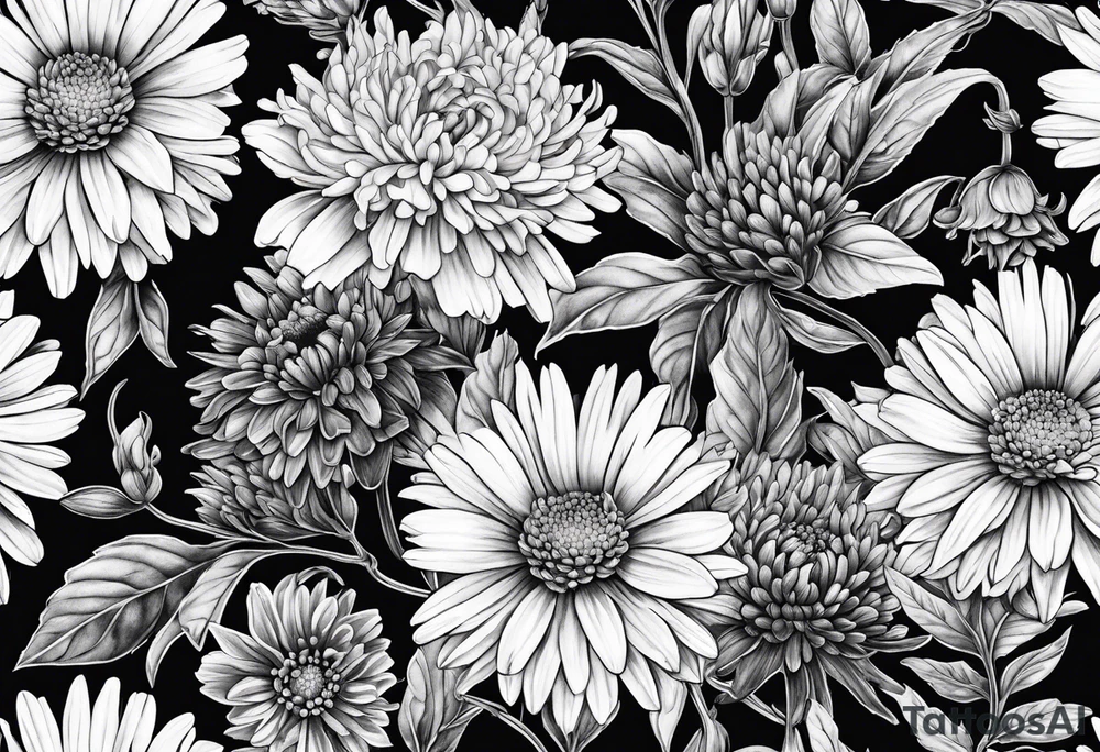botanical illustration of aster, daisy, and carnations tattoo idea
