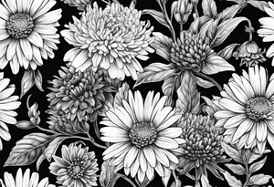 botanical illustration of aster, daisy, and carnations tattoo idea