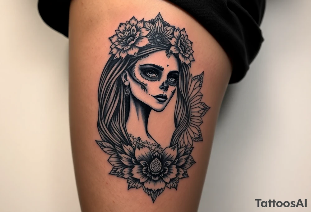 Eine sehr realistisch aussehende moderne la Catrina auf dem gesamten forderten Oberschenkel verbunden mit einem mandala auf dem Knie tattoo idea