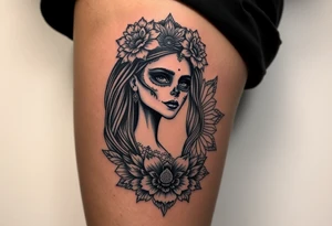Eine sehr realistisch aussehende moderne la Catrina auf dem gesamten forderten Oberschenkel verbunden mit einem mandala auf dem Knie tattoo idea
