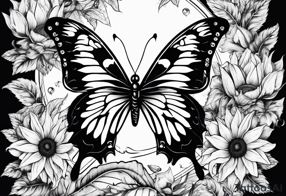Sleeve with angel wings, sunflower and butterfly tattoo idea
