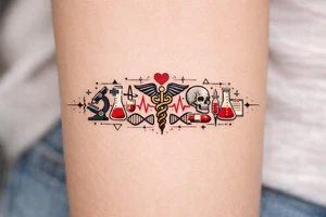 Now, based on the picture I've liked, make it 3 times wider, and add medical theme, and keep the original band and color theme. tattoo idea