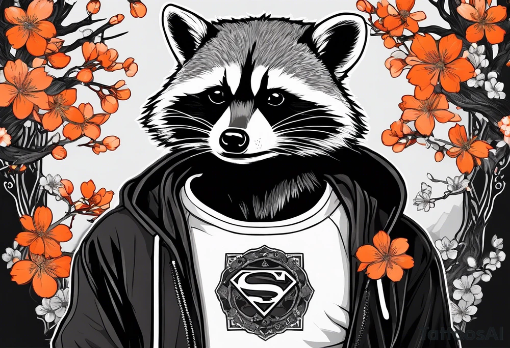 Raccoon wearing a white Superman logo on a black hoodie and orange Japanese cherry blossoms beside tattoo idea