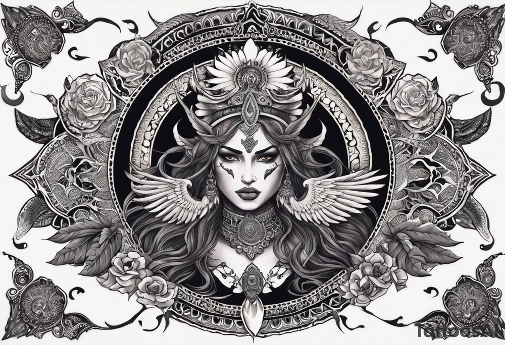 black kali, goddess pirate, alien, angel, pachamama, valkrye, warrior, flying, skull, lotus azul, wing, eagle, zenza resonance, stars, 5D, anahata chakra, death, durga, riding on a tiger, flying lady, kundalini, chest tatoo tattoo idea