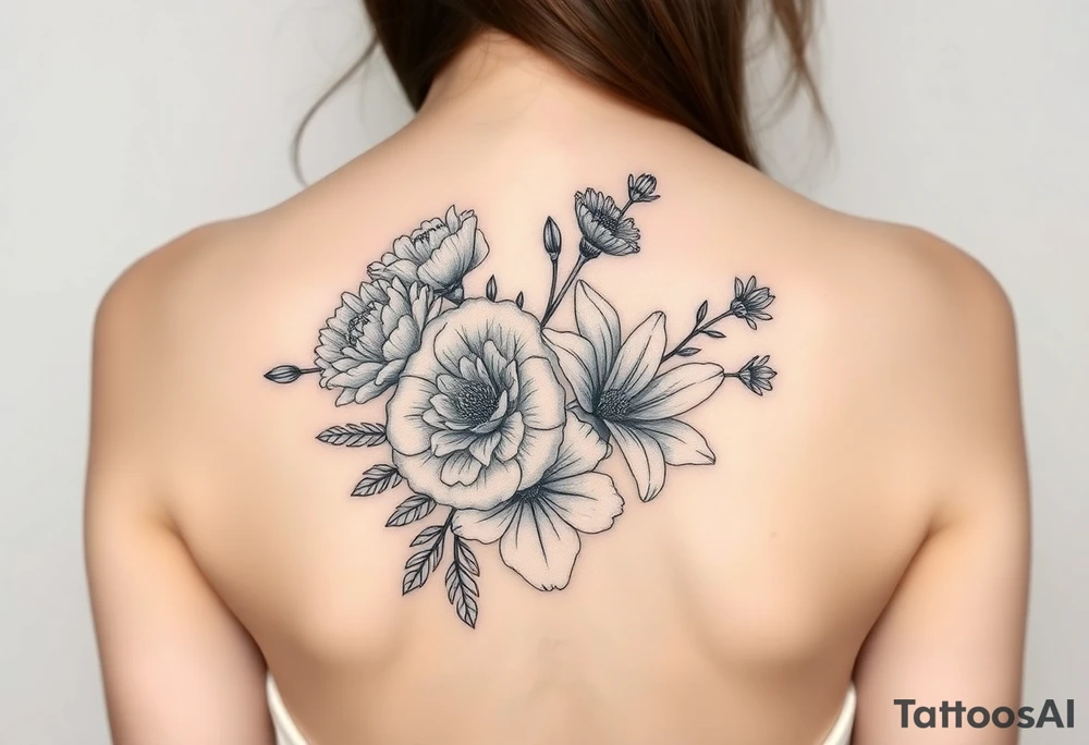 3d realistic Bouquet Carnation rose lily luster and aster flower tattoo idea