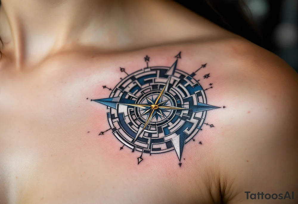 A geometric maze in metallic silver and deep blue tones, with a single golden compass in the center, representing the trials and choices of a Divergent. tattoo idea