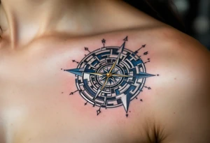 A geometric maze in metallic silver and deep blue tones, with a single golden compass in the center, representing the trials and choices of a Divergent. tattoo idea