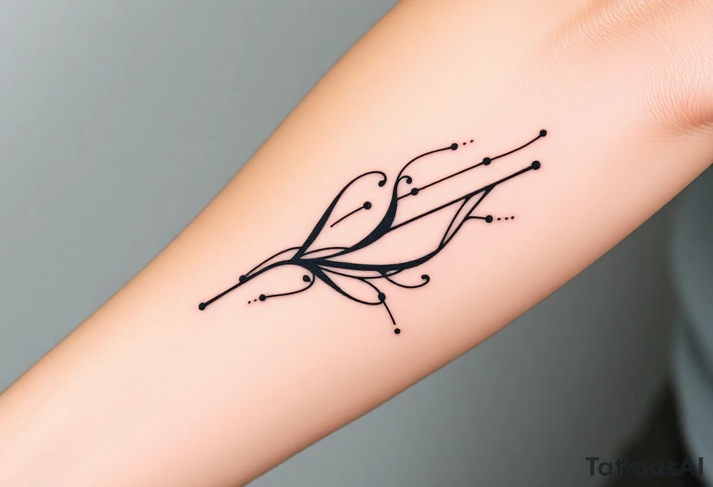 Abstract black line tattoo for a male, inner forearm and elbow area.
Broken, segmented flowing lines, sharp turns, mechanical rhythm, subtle dot accents.
Not delicate, not ornamental, technical and controlled motion.
Black ink only, no shading, photo-accurate tattoo design. tattoo idea
