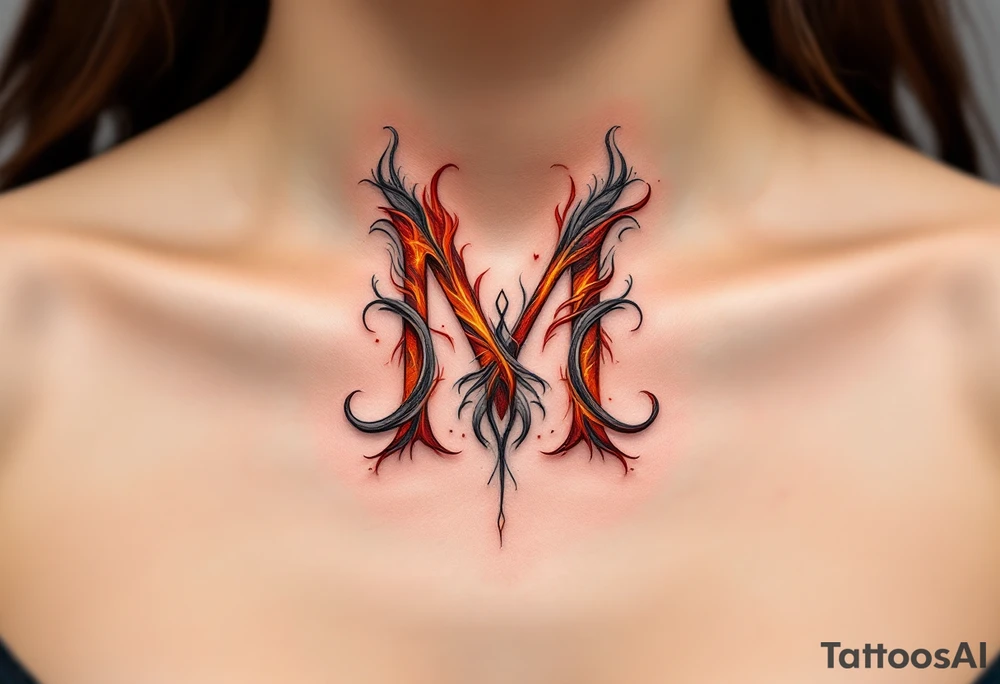 A fiery "M" with flickering strokes of crimson red, orange, and ash gray. tattoo idea