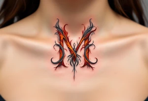 A fiery "M" with flickering strokes of crimson red, orange, and ash gray. tattoo idea