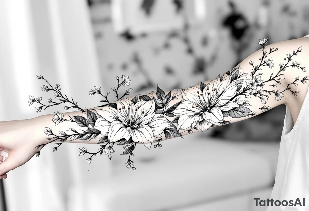 Spider Lilies and Cherry Blossoms blended and wrapped around the arm tattoo idea