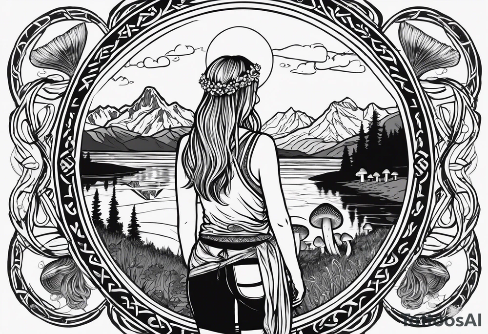 Whole picture encircled fully

Straight long blonde hair hippie girl in distance holding mushrooms in hand facing away toward mountains and creek surrounded by mushrooms long sleeve shirt and hiking pants; whole rendering within a full celtic circle border, no cut off circle tattoo idea