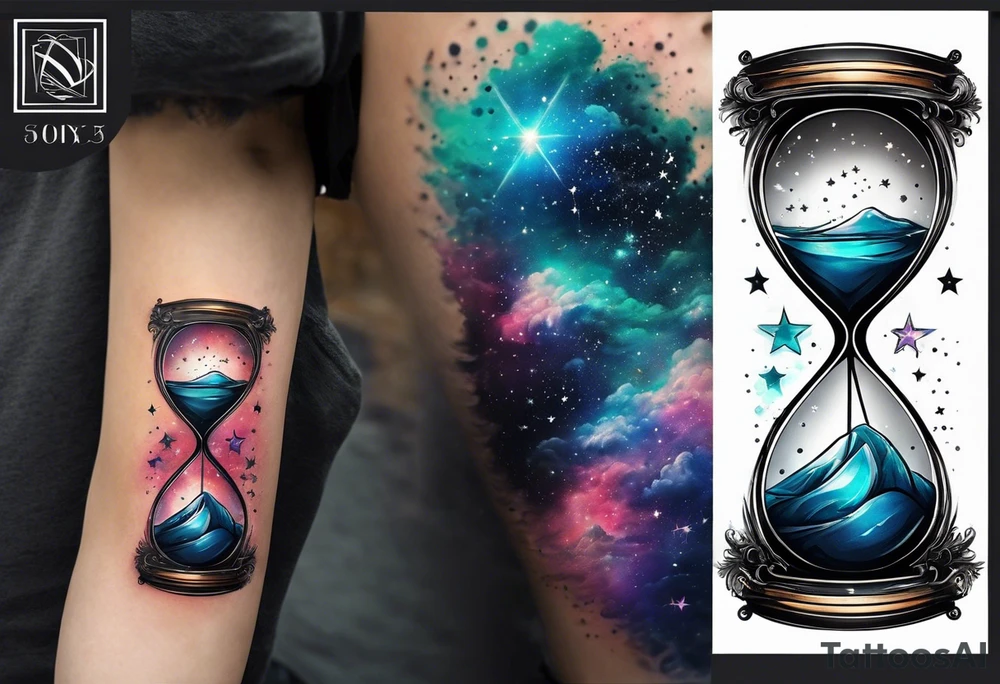 Hourglass with star stuff and cosmic dust exploding from the top and bottom of the hourglass. Long tattoo to fit on the forearm tattoo idea