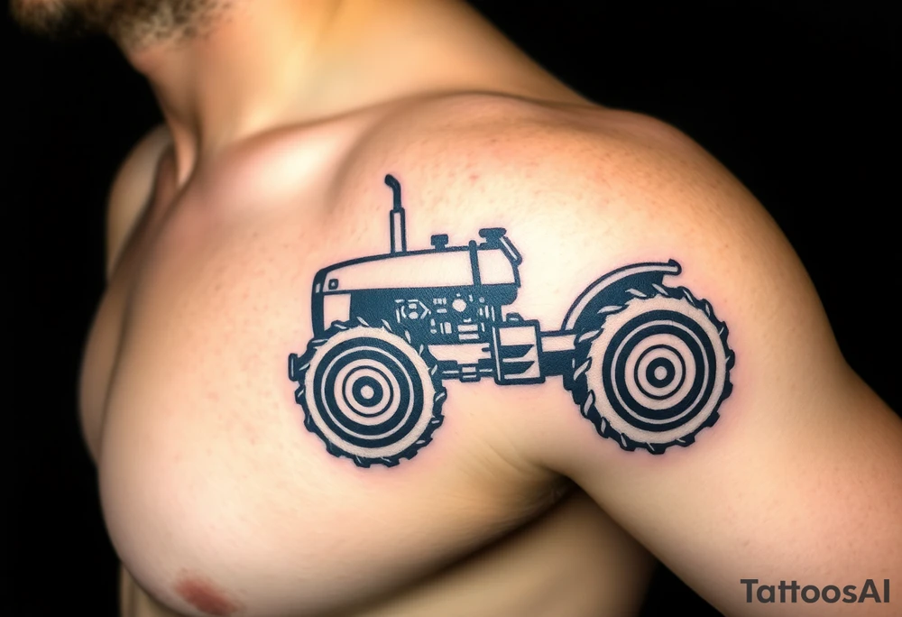 A black and chrome tractor silhouette, with bold shading and a strong, industrial aesthetic. tattoo idea