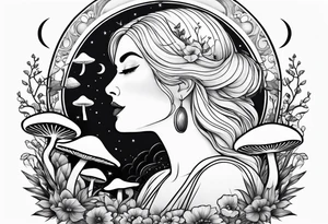 Chubby old blonde woman thin lips surrounded by mushrooms crescent moon mountains background tattoo idea