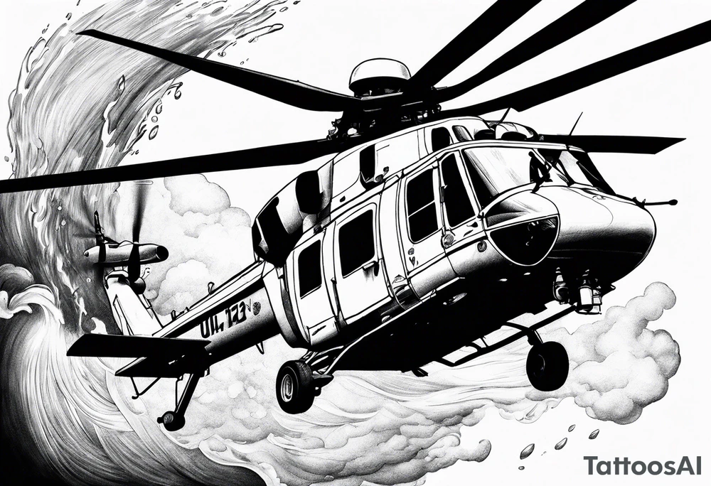 a helicopter dropping water on a fire with a bucket tattoo idea