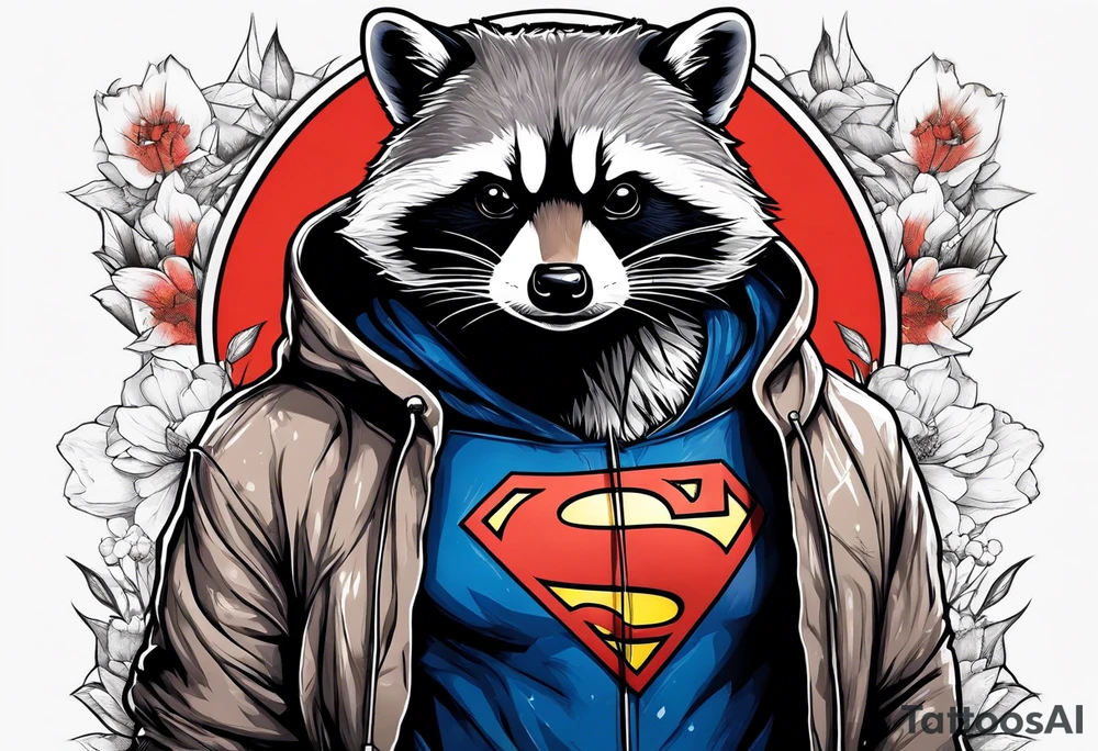 raccoon wearing a Superman hoodie tattoo idea