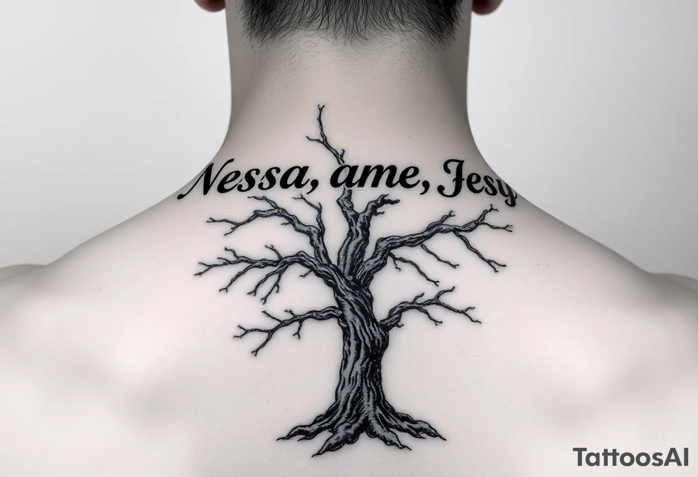 the name Nessa, Anne, Jessy
 on a live tree tattoo idea