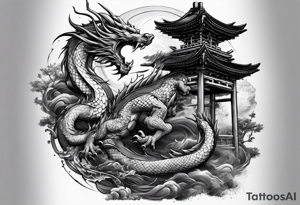 Dragón and samurai in zen circule, tori gate tattoo idea