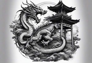 Dragón and samurai in zen circule, tori gate tattoo idea