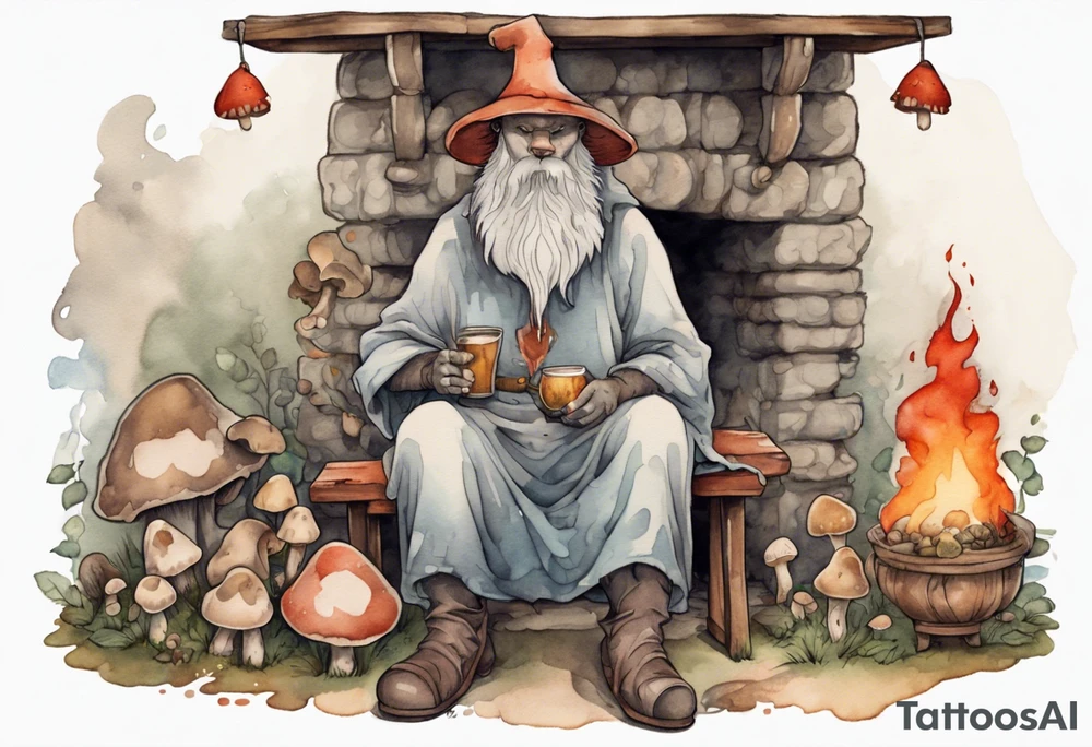 a medieval bear-human hybrid with a long grey beard wearing a tunic and a floppy hat covered in mushrooms, sitting on a stool by the tavern fireplace drinking from a wood cup tattoo idea