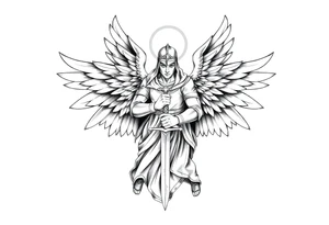 Holy Archangel, Biblical, Christianity, Guards of Christianity, Holding a sword, has six wings, wearing helmet, halo, seraphim tattoo idea