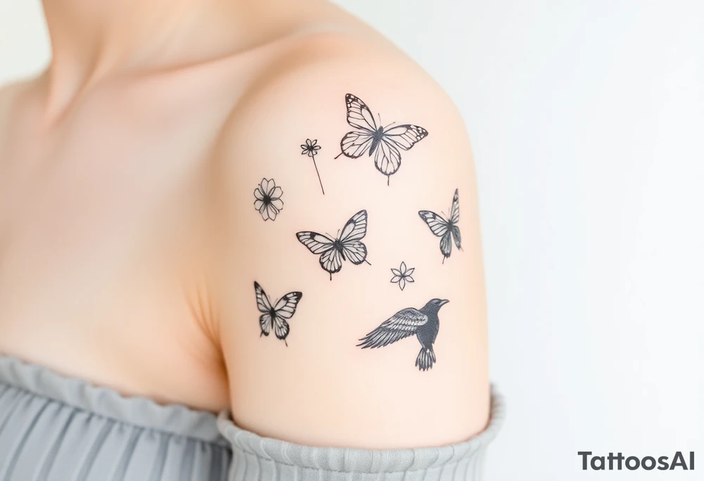 Show me an upper arm/shoulder/shoulder blade tattoo design with a birth flower for July, July, January, September, and 3 butterflies, and a raven and an eagle tattoo idea