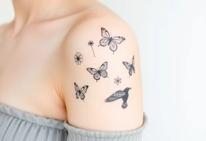 Show me an upper arm/shoulder/shoulder blade tattoo design with a birth flower for July, July, January, September, and 3 butterflies, and a raven and an eagle tattoo idea