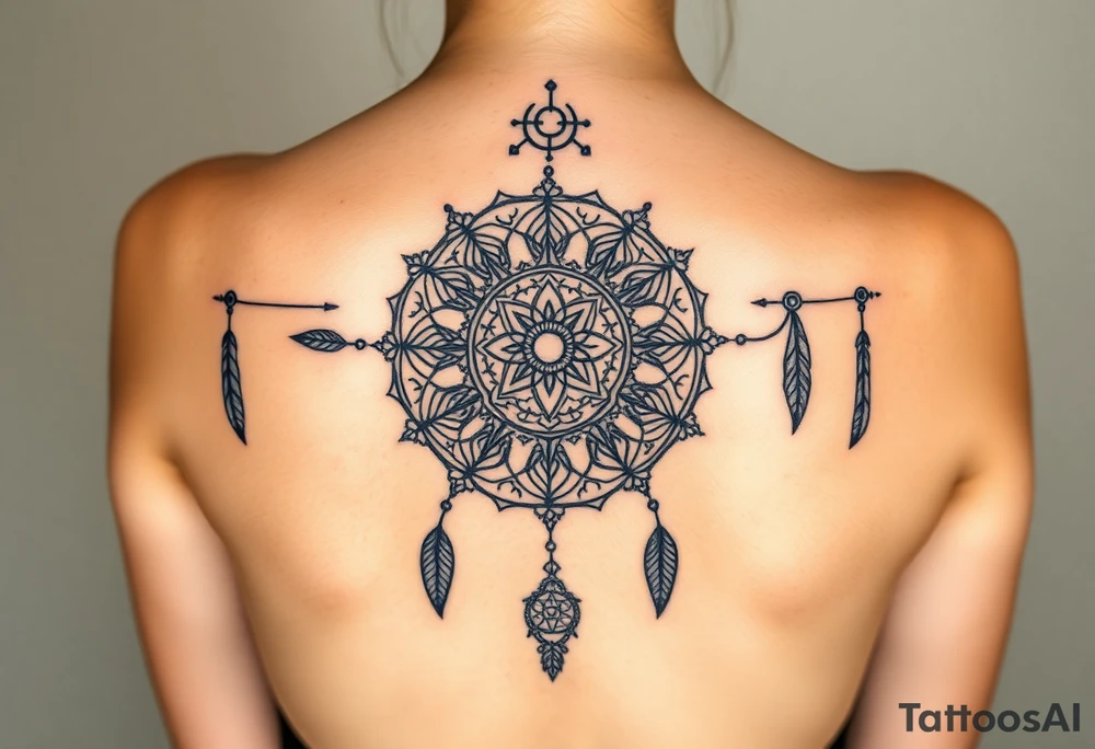 shaman symbols and one big mandala and one little mandala and feathers wicca witch spiritual and sami culture big whole back tattoo idea