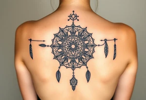 shaman symbols and one big mandala and one little mandala and feathers wicca witch spiritual and sami culture big whole back tattoo idea