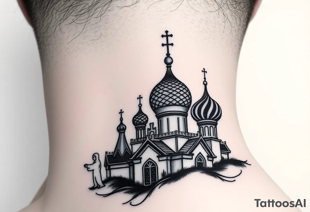Flowing Scene

A onion domes orthodox church
Virgin Mary in prayer pose wrapping around the lower neck curve
A small double headed russian coat of arms eagle or just the star tucked above the dome near the hairline tattoo idea