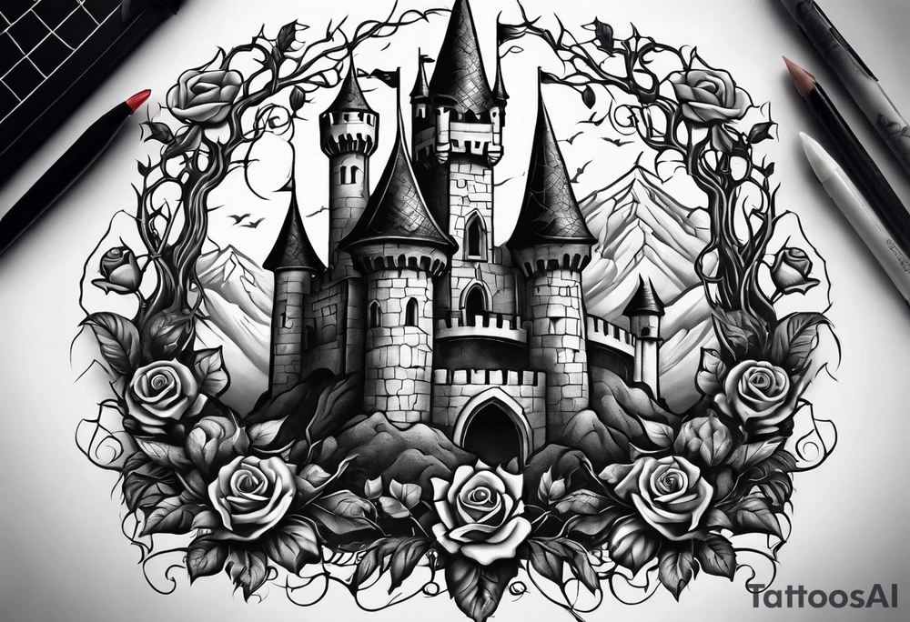 tattoo fool sleeve, old broken gothic castle, tree roots break out of the chains, roses tattoo idea