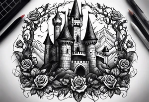 tattoo fool sleeve, old broken gothic castle, tree roots break out of the chains, roses tattoo idea