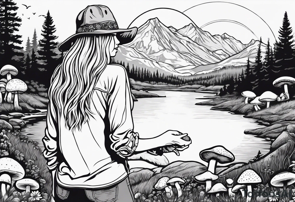 Whole picture encircled fully

Straight long blonde hair hippie girl in distance holding mushrooms in hand facing away toward mountains and creek surrounded by mushrooms long sleeve shirt and hiking pants; whole rendering within a full circle, no cut off circle tattoo idea