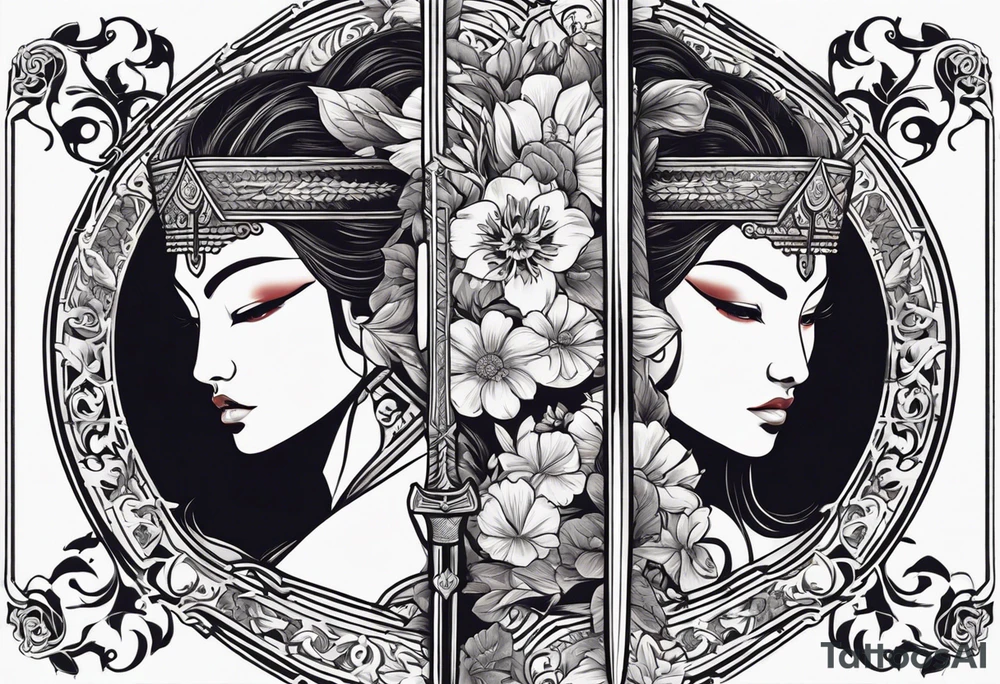 The tattoo in the image features a striking design that blends the faces of two characters, separated by a sword. The left side depicts a woman with a flower in her hair, styled in a traditional way, while the right side shows a more warrior-like appearance, with the sword positioned in the center. Below the face, there's a detailed design that includes a large flower and possibly a comb, adding to the symbolic elements of the piece. 

The text on the right side of the tattoo reads, "A flowered is on your shoulder," which seems to be a customized or stylized phrase.

The tattoo seems to be inspired by themes of duality, strength, and beauty. The imagery might be referencing a character or a cultural symbol, possibly from Asian art or mythology. tattoo idea