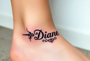 Anklet and charm name Diane on foot tattoo idea