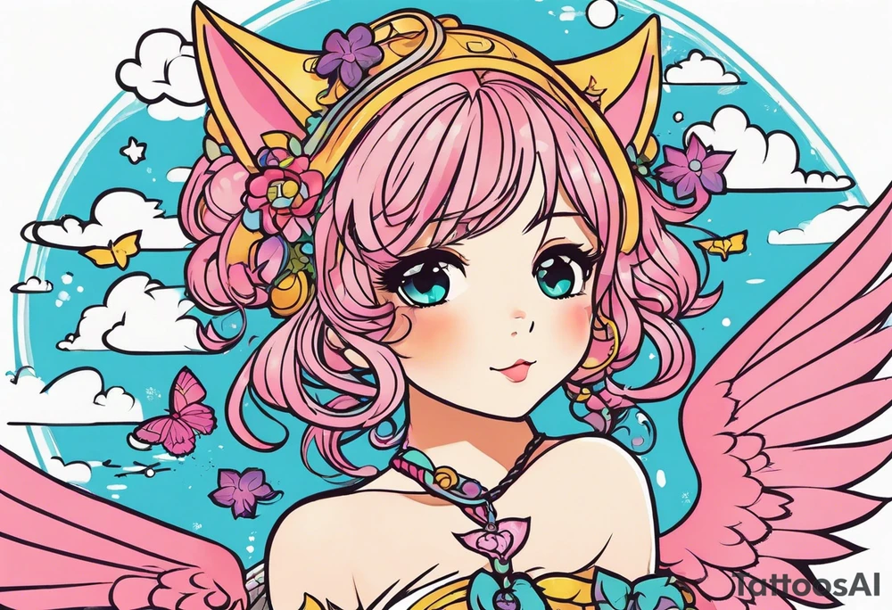 I want a half sleeve on right arm from wrist to elbow. I want the theme to be Neko Anime girl with wings around age 18-24. I want the face to be pouting face with puffed cheeks. tattoo idea