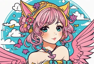 I want a half sleeve on right arm from wrist to elbow. I want the theme to be Neko Anime girl with wings around age 18-24. I want the face to be pouting face with puffed cheeks. tattoo idea