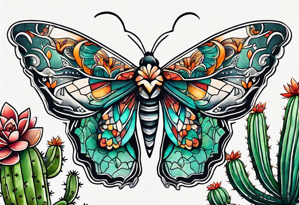 Modern Mexican style small moth flying over a desert garden with cactus and small succulents tattoo idea