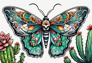 Modern Mexican style small moth flying over a desert garden with cactus and small succulents tattoo idea